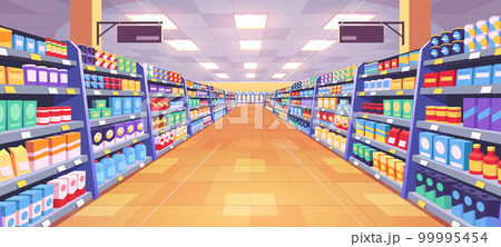 Aisle in grocery store, shelves vector background Aisle in grocery store, shelves vector background 99995454