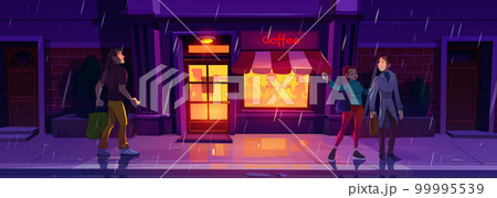 Night street bar in rain, people silhouette relax 99995539