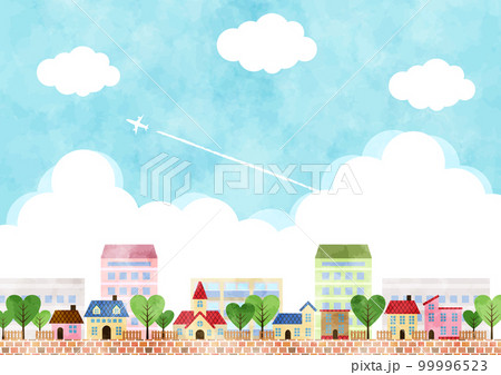 水彩風飛行機雲のある初夏の街並みヨコ 99996523