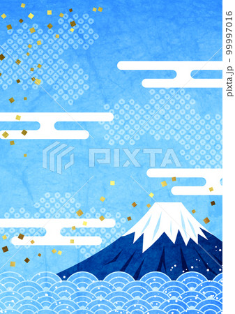 和紙水彩風富士と海と雲の和背景タテ 和紙水彩風富士と海と雲の和背景タテ 99997016