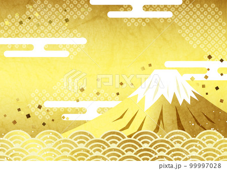 和紙水彩風金空金富士と海と雲の和背景ヨコ 99997028