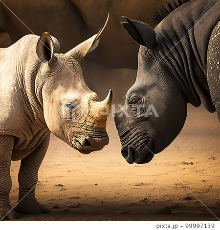 AI generated Two rhinoceros fighting in the desert 99997139