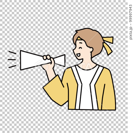 A male staff wearing a happi coat holding a megaphone A male staff wearing a happi coat holding a megaphone 99997943