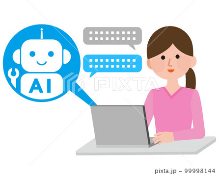 AI チャットボットとパソコンでチャットする女性 イラスト 99998144