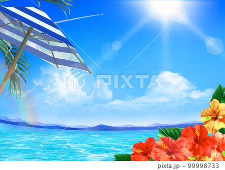 太陽の光差し込む青い空の下、海沿いに縞模様のパラソルとハイビスカスの咲く夏のおしゃれフレーム背景素材 太陽の光差し込む青い空の下、海沿いに縞模様のパラソルとハイビスカスの咲く夏のおしゃれフレーム背景素材 99998733