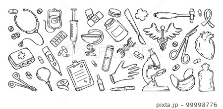 Medical pharmaceutical hospital device set of drawings. Vector illustration of medical equipment, hand drawn 99998776