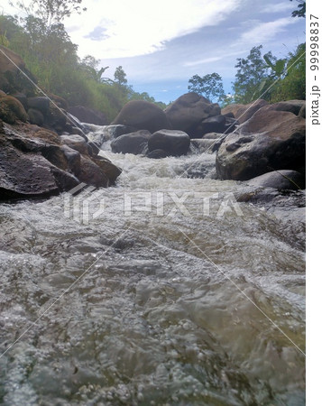 Natural view on the river , river water flows fast in the morning day. 99998837