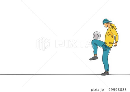 Single continuous line drawing of young sportive man wearing bandan train soccer freestyle, juggling on the field. Football freestyler concept. Trendy one line draw graphic design vector illustration 99998883