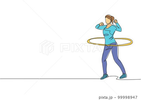 Single continuous line drawing of young sportive woman happy training with hula hoop in sport gymnasium club center. Fitness stretching concept. Trendy one line draw design graphic vector illustration 99998947