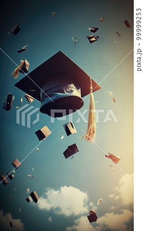 AI generated Graduation cap with flying books on blue sky background. Education concept 99999253