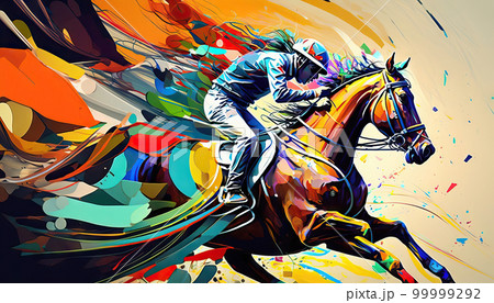 AI generated Jockey riding a race horse. Colorful abstract background 99999292