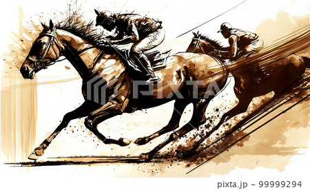 Horse and rider in action. AI generated Jockey riding a race horse. Horse and rider in action. AI generated Jockey riding a race horse. 99999294