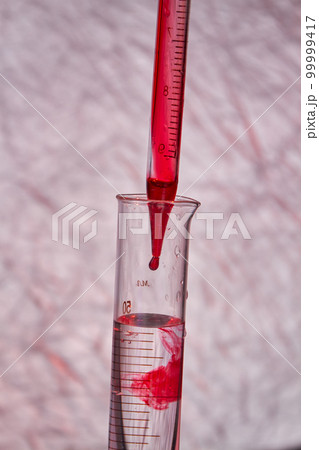 Close up pipette dropping blood into test tube. Blood test and analysis in medical research laboratory. Close up pipette dropping blood into test tube. Blood test and analysis in medical research laboratory. 99999417