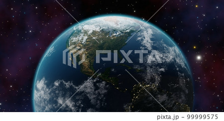 Beautiful 3d earth planet 3d render. Concept of climate change, dark night, cities lights, sunrise. World planet satellite, Stars, nebula and galaxy. Sunrise from outer space 99999575