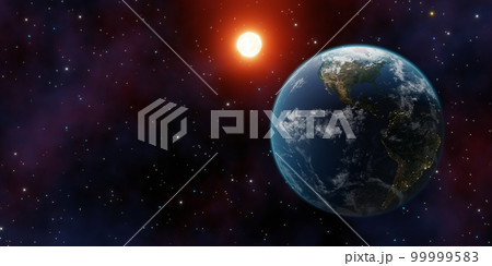 World planet satellite, Stars, nebula and galaxy 3d render. Concept of climate change, dark night, cities lights, sunrise. Beautiful 3d earth planet. Sunrise from outer space 99999583