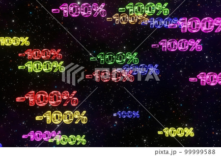 Colorful minus one hundred percent symbols fall down isolated on black background 3d render. Concept of discounts, sales, seasonal promotions, black friday, singles day and shopping 1111 99999588