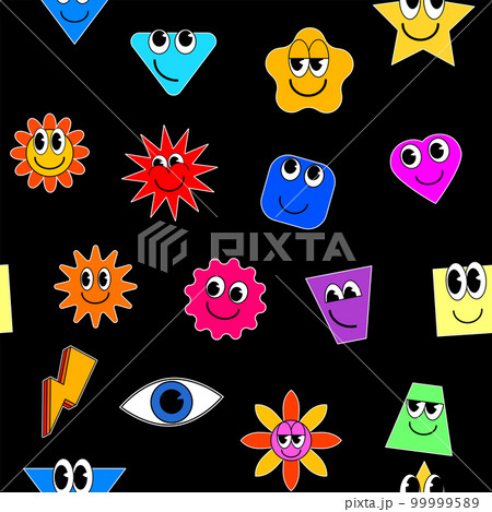 Cartoon stickers Seamless pattern. Abstract shapes, stars, square, comic cute doodle smile characters 99999589