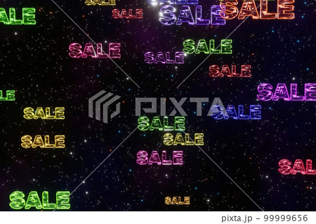 Colorful words sale on space cyberpunk background 3d render. Discount falling satisfying. Big sale, discount, black friday, shopping mall or coming soon concept 99999656