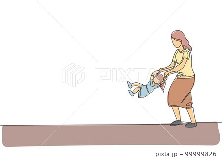 One continuous line drawing of young happy mother playing with her daughter, lifting and swinging at home. Family parenting concept. Dynamic single line draw design graphic vector illustration 99999826