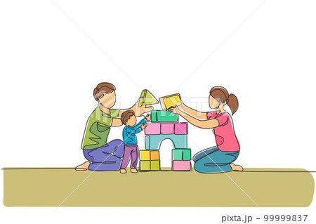 One continuous line drawing of young happy mother and father playing with son building house from foam puzzle blocks toy at home. Family parenting concept. Single line draw design vector illustration One continuous line drawing of young happy mother and father playing with son building house from foam puzzle blocks toy at home. Family parenting concept. Single line draw design vector illustration 99999837