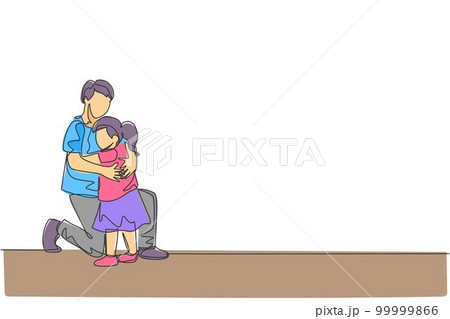One single line drawing of young happy father hugging his lovely daughter full of warmth at school vector illustration. Parenting education concept. Modern continuous line graphic draw design 99999866