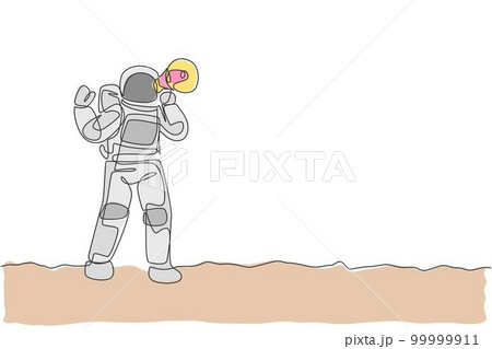 Single continuous line drawing young astronaut holding megaphone and speaking loudly to public in moon surface. Cosmonaut outer space concept. Trendy one line draw graphic design vector illustration 99999911