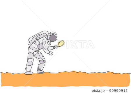 One continuous line drawing of young astronaut holding magnifier and search for foot trace in moon surface. Cosmic galaxy space concept. Dynamic single line draw graphic design vector illustration 99999912