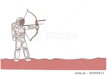 One single line drawing of young astronaut focus training to improve his shot into target in moon surface graphic vector illustration. Cosmonaut deep space concept. Modern continuous line draw design 99999913