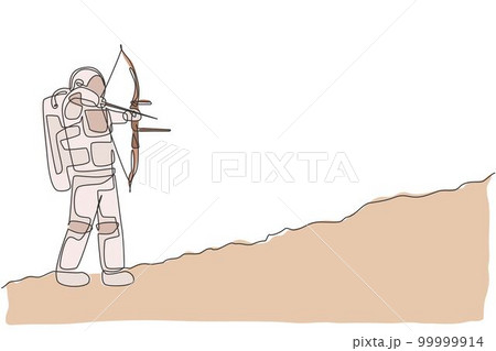 Single continuous line drawing of young astronaut practicing archery to shoot bullseye on target in moon surface. Cosmonaut outer space concept. Trendy one line draw design vector graphic illustration 99999914