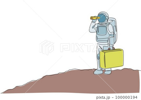 Single continuous line drawing of young astronaut holding suitcase and looking with binocular in moon surface. Space man cosmic galaxy concept. Trendy one line draw design graphic vector illustration 100000194