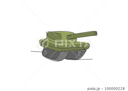 One continuous line drawing of metal war tank with cannon gun. Transportation vehicle concept. Dynamic single line draw design graphic vector illustration 100000228