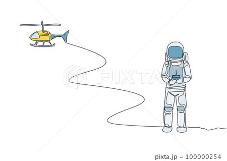Single continuous line drawing of astronaut playing helicopter radio control in moon surface. Having fun in leisure time on outer space concept. Trendy one line draw design vector graphic illustration Single continuous line drawing of astronaut playing helicopter radio control in moon surface. Having fun in leisure time on outer space concept. Trendy one line draw design vector graphic illustration 100000254
