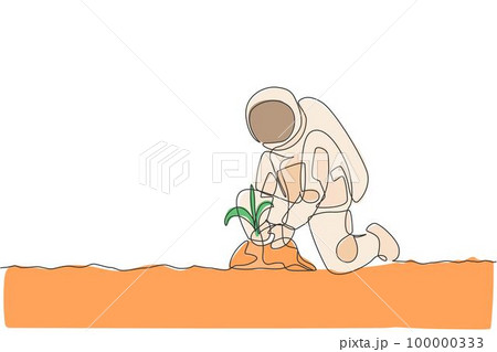 One single line drawing of astronaut planting new species tree seed carefully in moon surface vector illustration. Outer space farming concept. Modern continuous line draw graphic design One single line drawing of astronaut planting new species tree seed carefully in moon surface vector illustration. Outer space farming concept. Modern continuous line draw graphic design 100000333