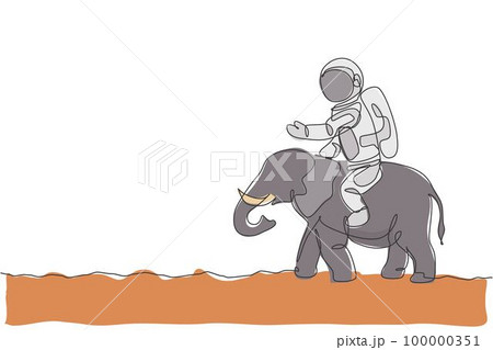 One continuous line drawing of cosmonaut with spacesuit riding Aisan elephant, wild animal in moon surface. Astronaut zoo safari journey concept. Trendy single line draw design vector illustration 100000351