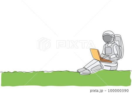 Single continuous line drawing of astronaut sitting in moon surface while typing on laptop computer. Business office with galaxy outer space concept. Trendy one line draw design vector illustration Single continuous line drawing of astronaut sitting in moon surface while typing on laptop computer. Business office with galaxy outer space concept. Trendy one line draw design vector illustration 100000390