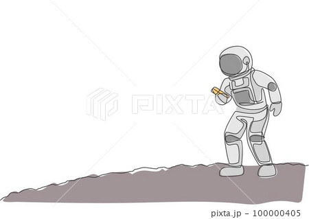 One single line drawing of cosmonaut in moon surface make a call to family in earth with smartphone vector illustration. Astronaut business office with outerspace concept. Continuous line draw design 100000405