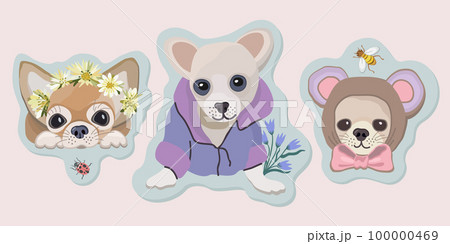 Vector stickers with little dogs. Cute doggies in soft pastel colors. With flowers and insects. Vector stickers with little dogs. Cute doggies in soft pastel colors. With flowers and insects. 100000469
