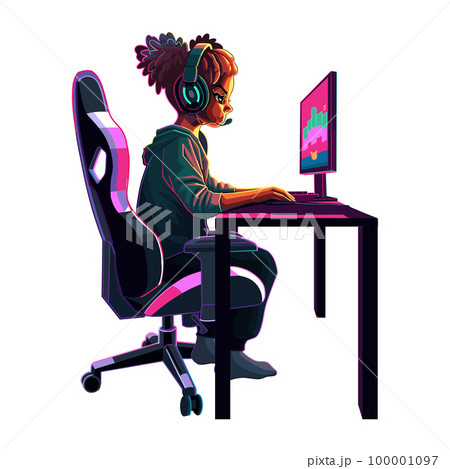 African girl gamer or streamer with a headset sits in front of a computer African girl gamer or streamer with a headset sits in front of a computer 100001097