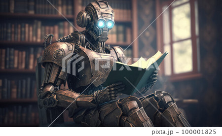 an outdated robot model reads a book in a library. futuristic plot 100001825