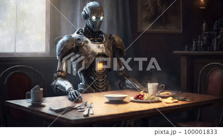 futuristic plot. the robot sits at a table with cooked food. generative AI. 100001833