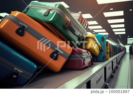 a mountain of stacked suitcases in the arrivals hall of an airport.Generative AI a mountain of stacked suitcases in the arrivals hall of an airport.Generative AI 100001887