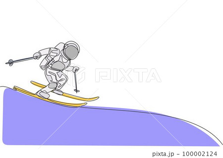 One continuous line drawing of astronaut skiing in deep space galaxy. Spaceman healthy fitness sport concept. Dynamic single line draw design vector graphic illustration One continuous line drawing of astronaut skiing in deep space galaxy. Spaceman healthy fitness sport concept. Dynamic single line draw design vector graphic illustration 100002124