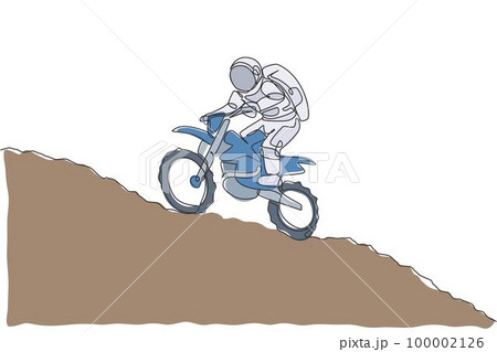 Single continuous line drawing of astronaut exercise motocross trick on moon surface. Space astronomy galaxy sport concept. Trendy one line draw design graphic vector illustration 100002126