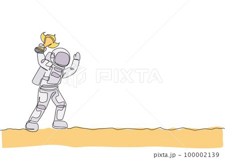 One single line drawing of spaceman astronaut holding trophy on moon surface, cosmic galaxy vector illustration. Healthy space cosmonaut lifestyle sport concept. Modern continuous line draw design 100002139