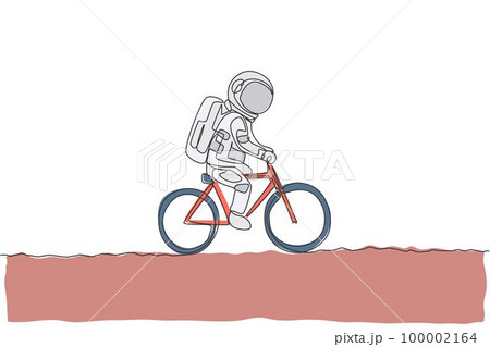 One single line drawing of spaceman astronaut riding bicycle on moon surface, cosmic galaxy vector illustration. Healthy space cosmonaut lifestyle sport concept. Modern continuous line draw design 100002164
