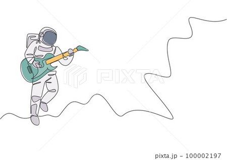 Single continuous line drawing of astronaut playing electric guitar musical instrument in cosmic galaxy. Outer space music concert concept. Trendy one line draw design graphic vector illustration Single continuous line drawing of astronaut playing electric guitar musical instrument in cosmic galaxy. Outer space music concert concept. Trendy one line draw design graphic vector illustration 100002197