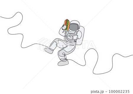 Single continuous line drawing of spaceman holding and eating delicious hot dog in nebula galaxy. Fantasy fiction of outer space life concept. Trendy one line draw graphic design vector illustration Single continuous line drawing of spaceman holding and eating delicious hot dog in nebula galaxy. Fantasy fiction of outer space life concept. Trendy one line draw graphic design vector illustration 100002235