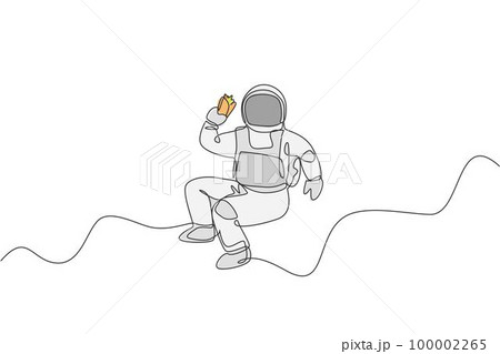 One continuous line drawing of cosmonaut eating spicy Mexican taco in galactic universe. Fantasy outer space astronaut life concept. Dynamic single line draw design vector illustration graphic One continuous line drawing of cosmonaut eating spicy Mexican taco in galactic universe. Fantasy outer space astronaut life concept. Dynamic single line draw design vector illustration graphic 100002265