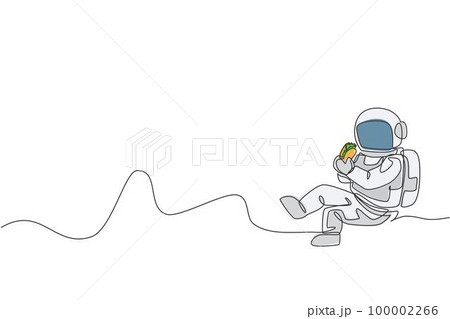 Single continuous line drawing of spaceman sitting relax on moon surface and eating delicious Mexican taco. Fantasy fiction of outer space life concept. Trendy one line draw design vector illustration 100002266