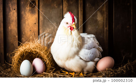 chicken sits on dry grass next to chicken eggs chicken sits on dry grass next to chicken eggs 100002310